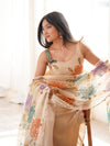 Elegant Beige Floral Embroidered Sharara Suit Set with Dupatta
