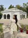 Ivory Floral Kurta Palazzo Set with Olive Green Dupatta