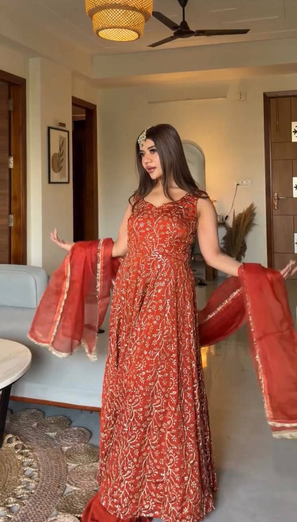 Royal Red Anarkali Dress with Elegant Dupatta Set