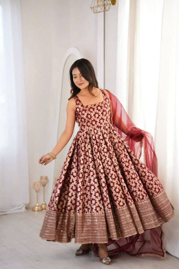 Elegant Maroon Ethnic Anarkali Gown with Dupatta