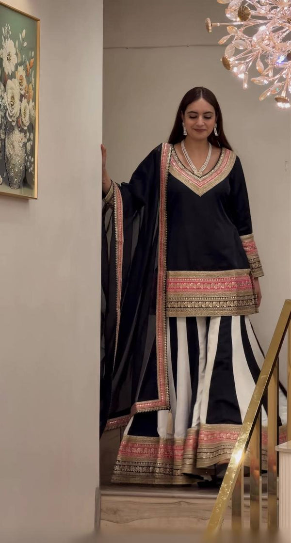 Black Embroidered Kurta Sharara Set with Natural Silk Dupatta