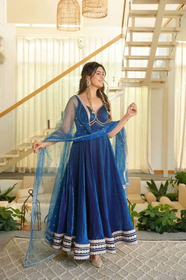 Royal Blue Embroidered Anarkali Suit Set with Dupatta