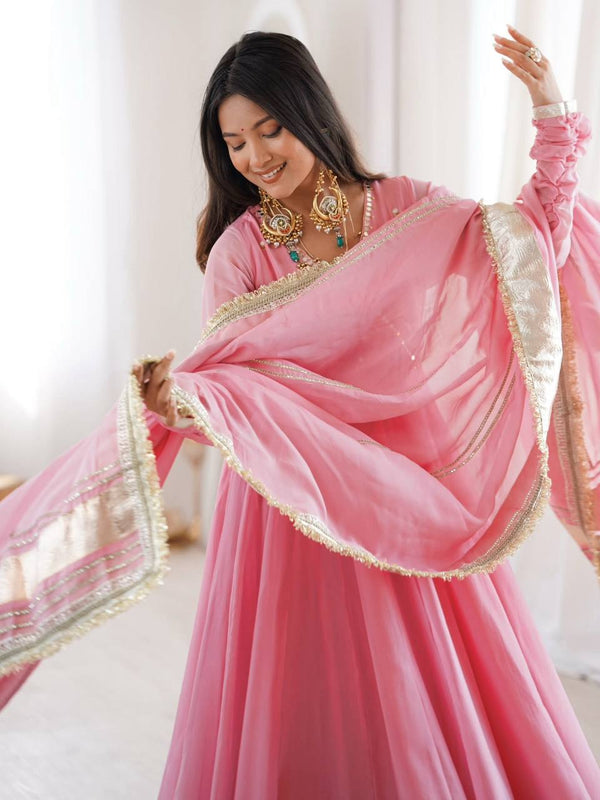 Lime Pink Flared Anarkali Suit Set with Dupatta