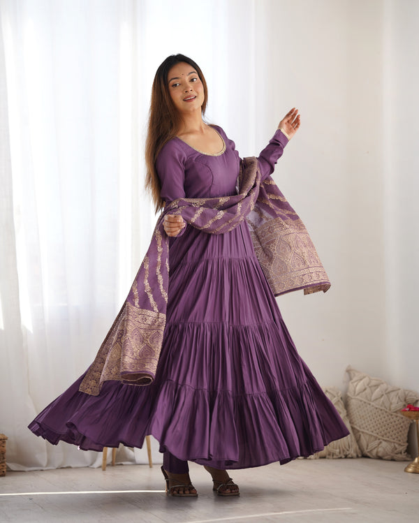 Burgundy Purple Pure Soft Roman Silk Kalamkari Anarkali Gown