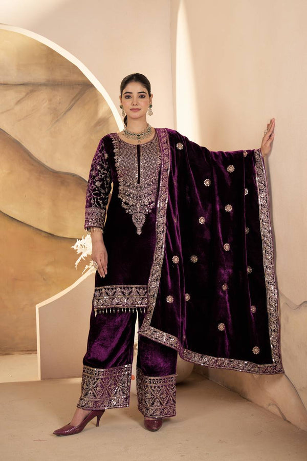 Purple Velvet Anarkali Suit Set with Dupatta