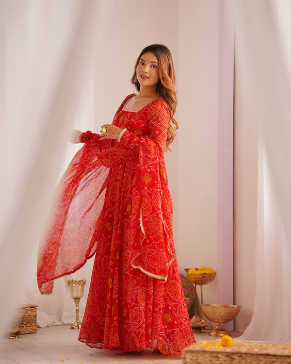 Bandhej Red Soft Chiffon Forest Designer Anarkali Gown