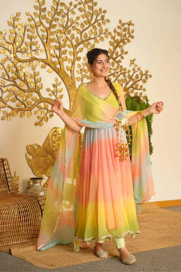 Pastel Green & Peach Flared Anarkali Suit Set with Dupatta