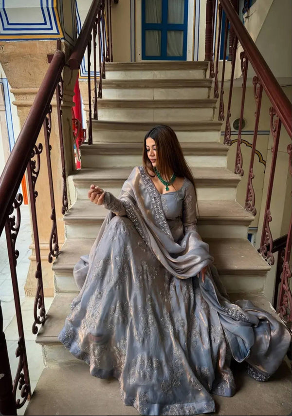 Siya Grey Fancy Embroidered Anarkali Suit Set