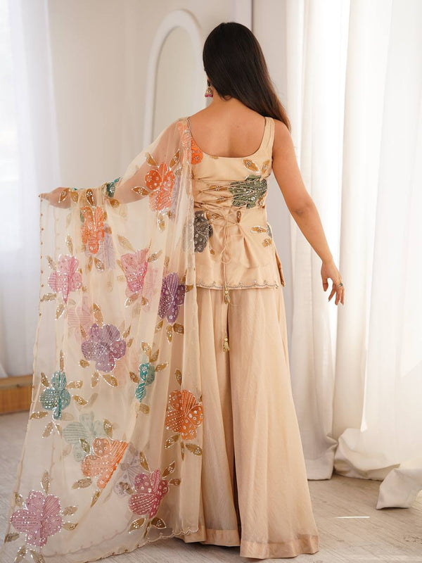 Elegant Beige Floral Embroidered Sharara Suit Set with Dupatta