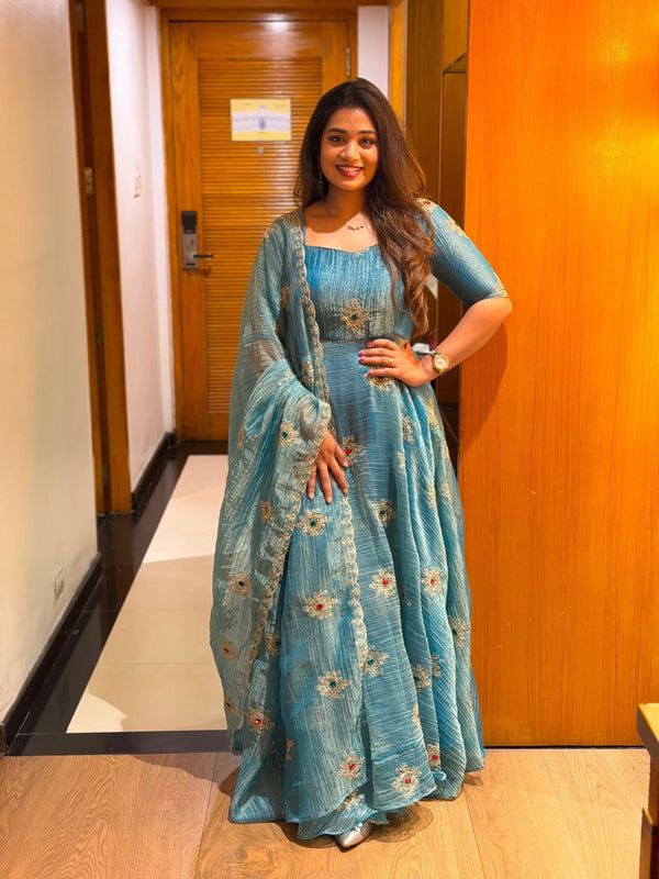 Radhika Elegant Teal Blue Embroidered Flared Anarkali Suit Set with Dupatta