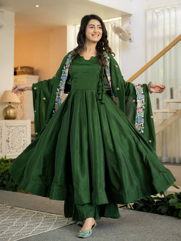 Women’s Dark Green Designer Anarkali Suit Set with Dupatta