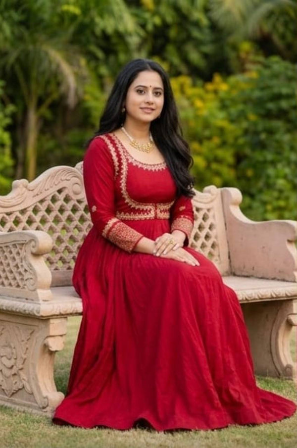 Classic Red Ethnic Anarkali Dress with Heavy Embroidery Work