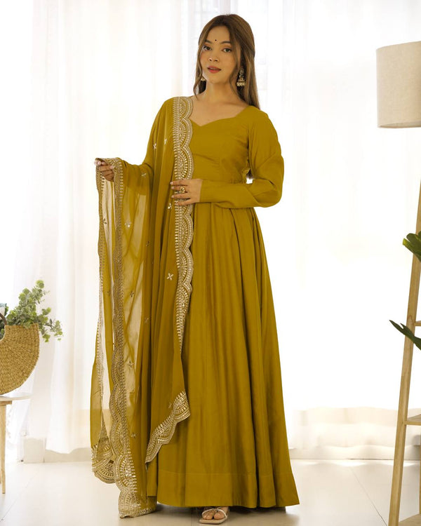 Divine Mustured Colored Heavy Roman Silk Chanderi Anarkali Gown