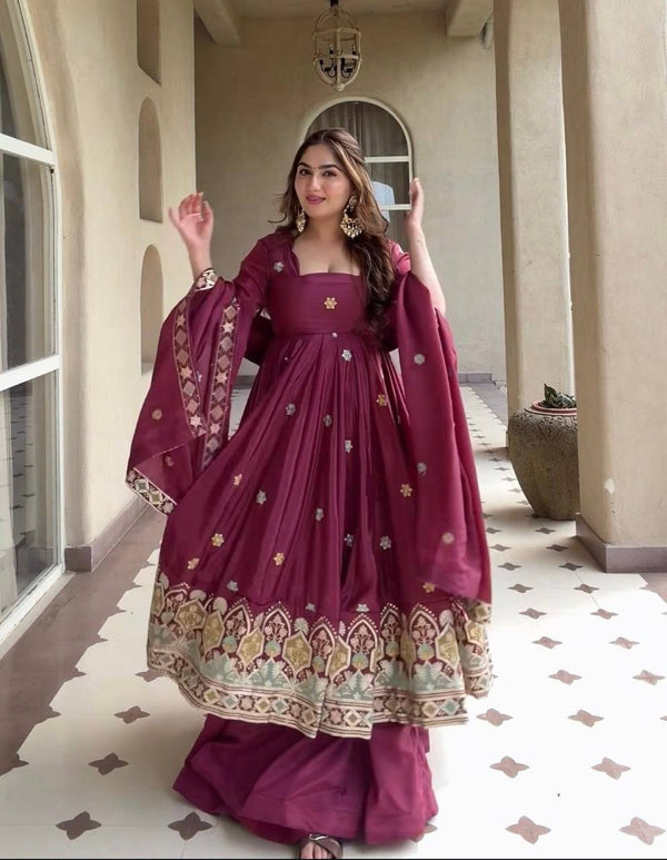 Meera Wine Embroidered Anarkali Suit Set with Dupatta