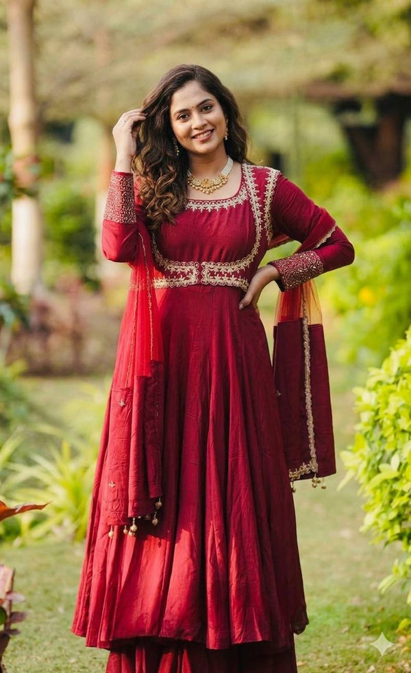 Classic Red Ethnic Anarkali Dress with Heavy Embroidery Work