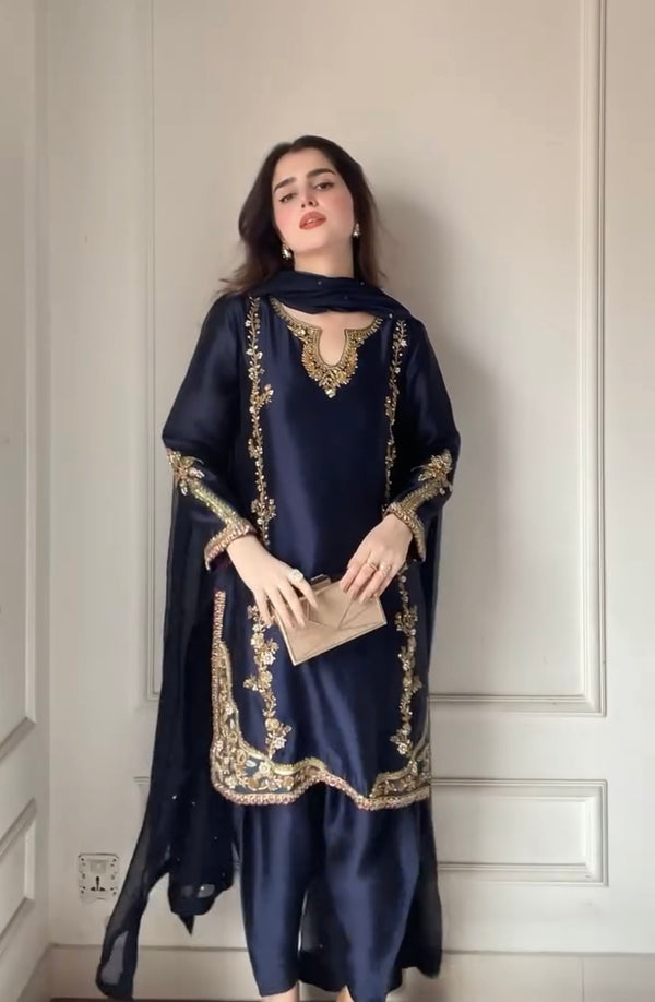 Midnight Blue Zari Embroidered Suit Set