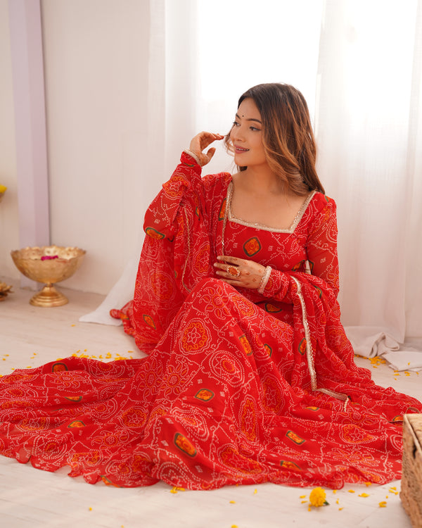 Bandhej Red Soft Chiffon Forest Designer Anarkali Gown