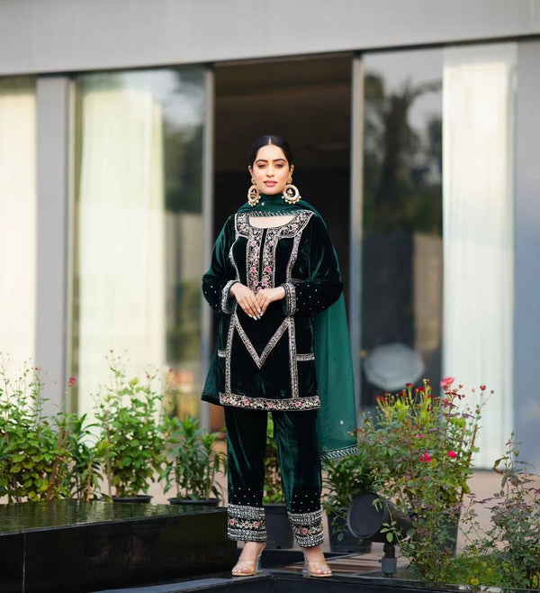 Green Viscos Velvet Fancy suit set