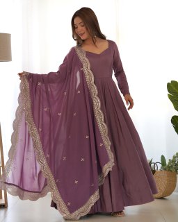Divine Wine Colored Heavy Roman Silk Chanderi Anarkali Gown