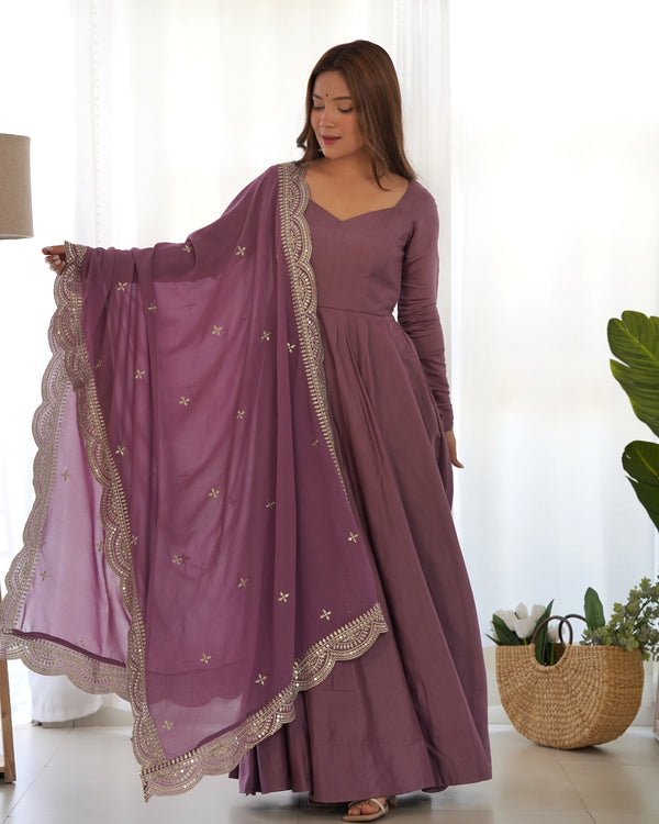 Divine Wine Colored Heavy Roman Silk Chanderi Anarkali Gown