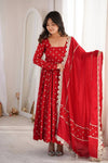 Women's Red Flared Anarkali Suit Set with Embroidered Dupatta
