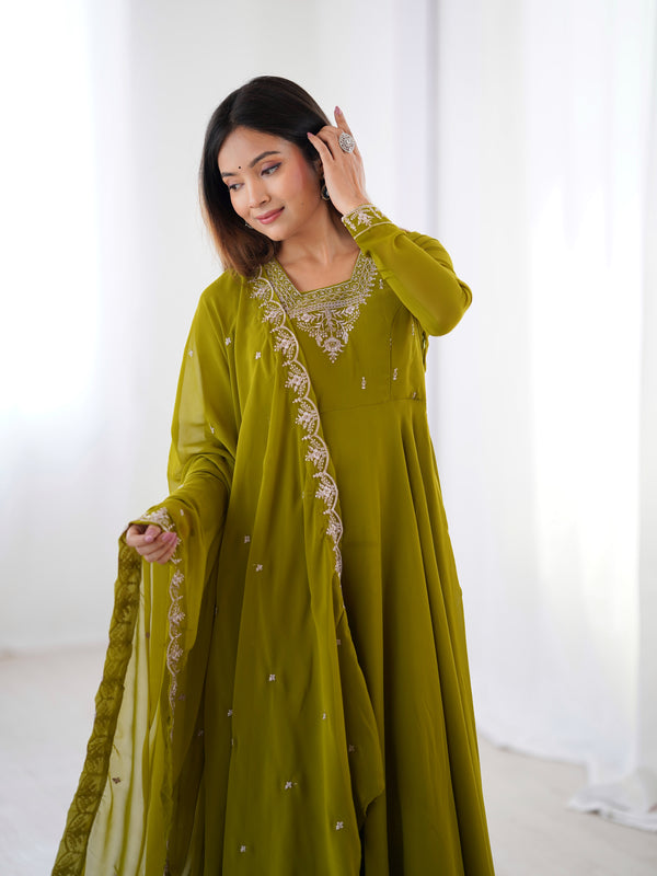 Suri Mahendi Green Embroidery Pure Georgette Anarkali Gown