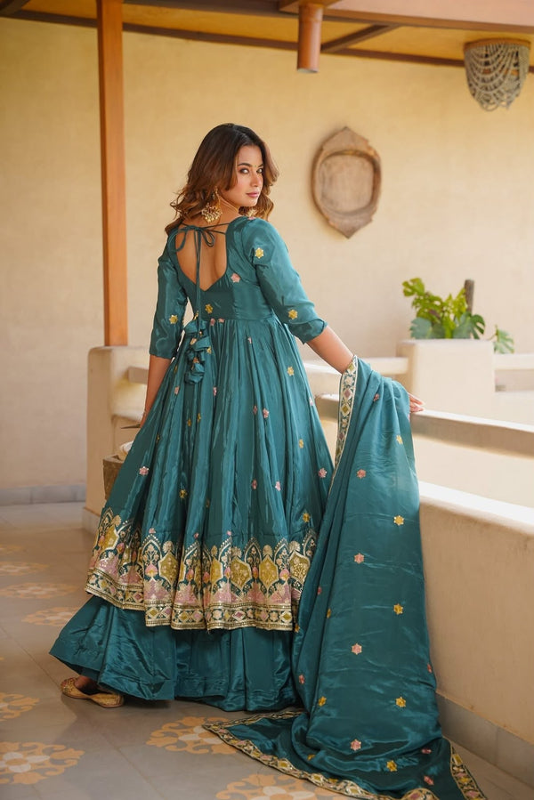 Meera Teal Green Embroidered Anarkali Suit Set with Dupatta