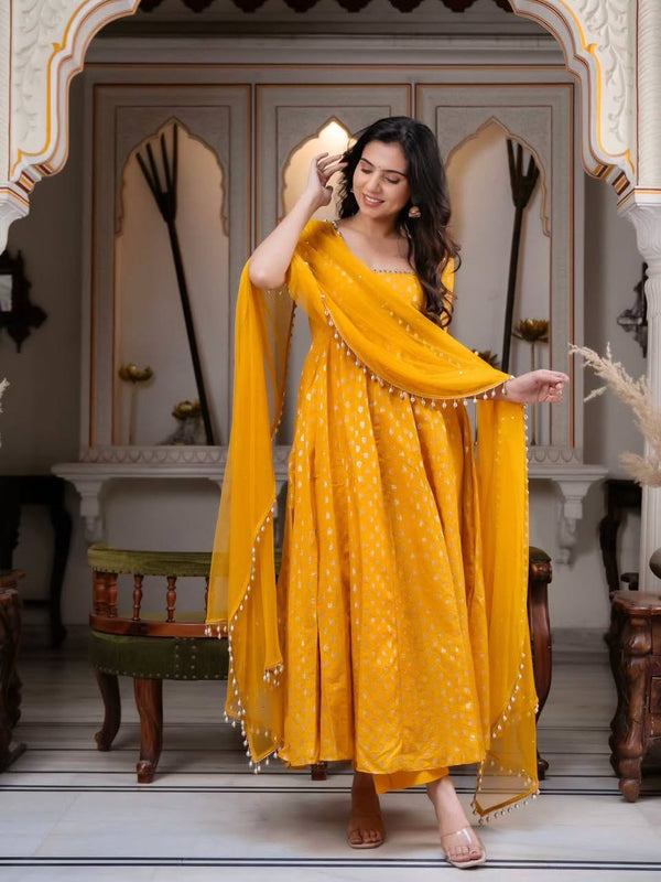 Sunshine Yellow Jacquard Anarkali Suit Set with Dupatta