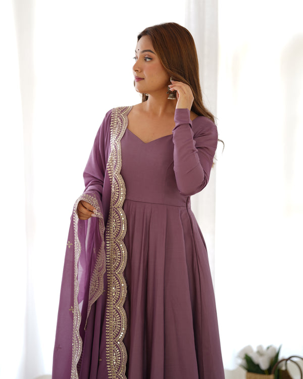 Divine Wine Colored Heavy Roman Silk Chanderi Anarkali Gown