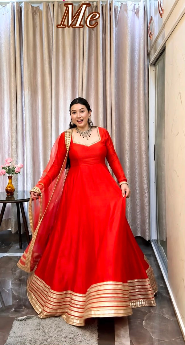 Red Designer Anarkali Suit Set with Embroidered Border & Dupatta