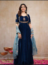 Navy Blue Velvet Embroidered Flared Anarkali Gown