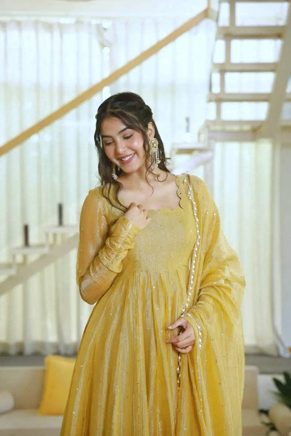 Mustard Yellow Flared Anarkali Suit with Embellished Dupatta