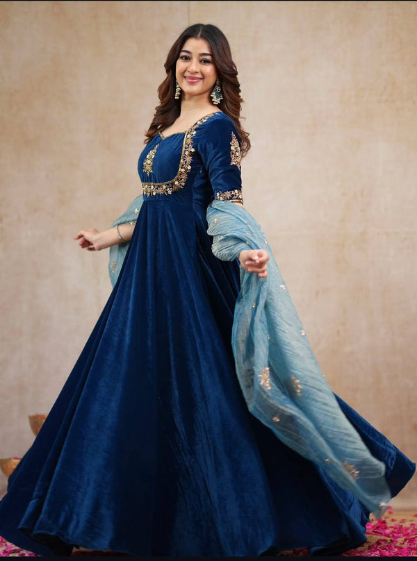 Navy Blue Velvet Embroidered Flared Anarkali Gown