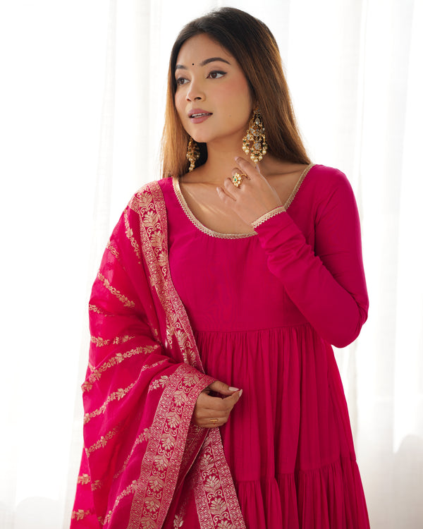 Burgundy Pink Pure Soft Roman Silk Kalamkari Anarkali Gown