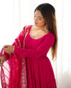 Burgundy Pink Pure Soft Roman Silk Kalamkari Anarkali Gown