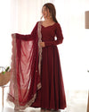 Divine Maroon Colored Heavy Roman Silk Chanderi Anarkali Gown
