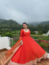 Red Designer Anarkali Suit Set with Embroidered Border & Dupatta