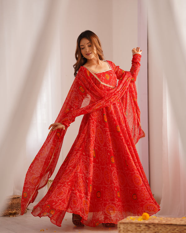 Bandhej Red Soft Chiffon Forest Designer Anarkali Gown
