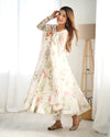 Maitri White Floral Digital Printed Pure Organza Anarkali Gown