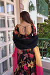 Black Floral Printed Anarkali Suit Set with Pink Dupatta