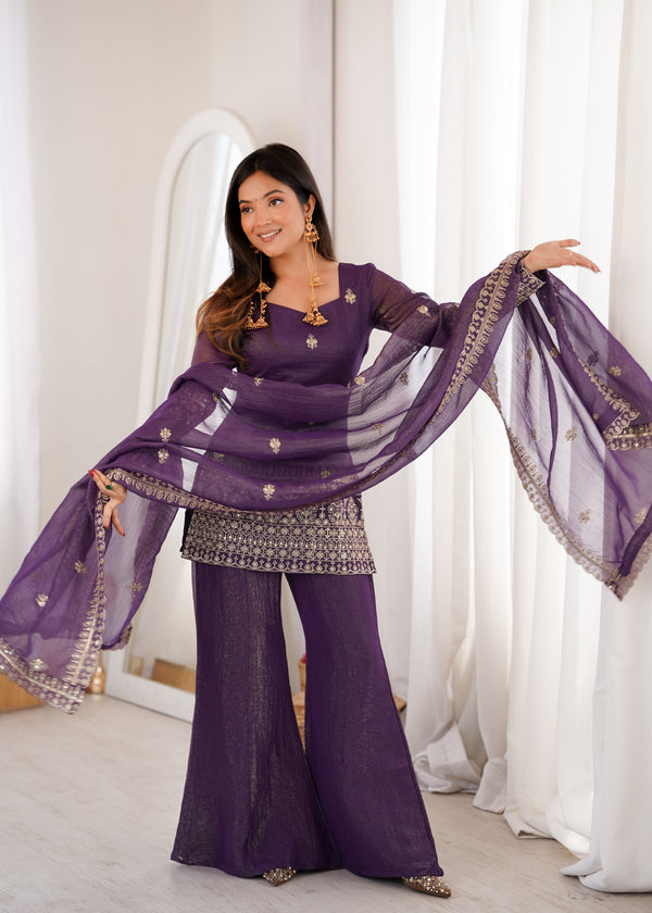 Royal Purple Embroidered Sharara Suit Set with Dupatta