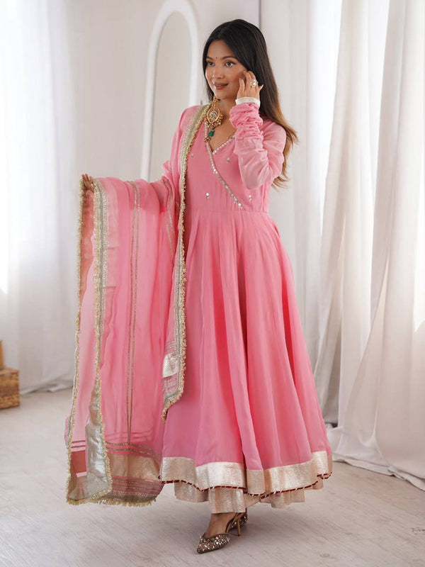Lime Pink Flared Anarkali Suit Set with Dupatta