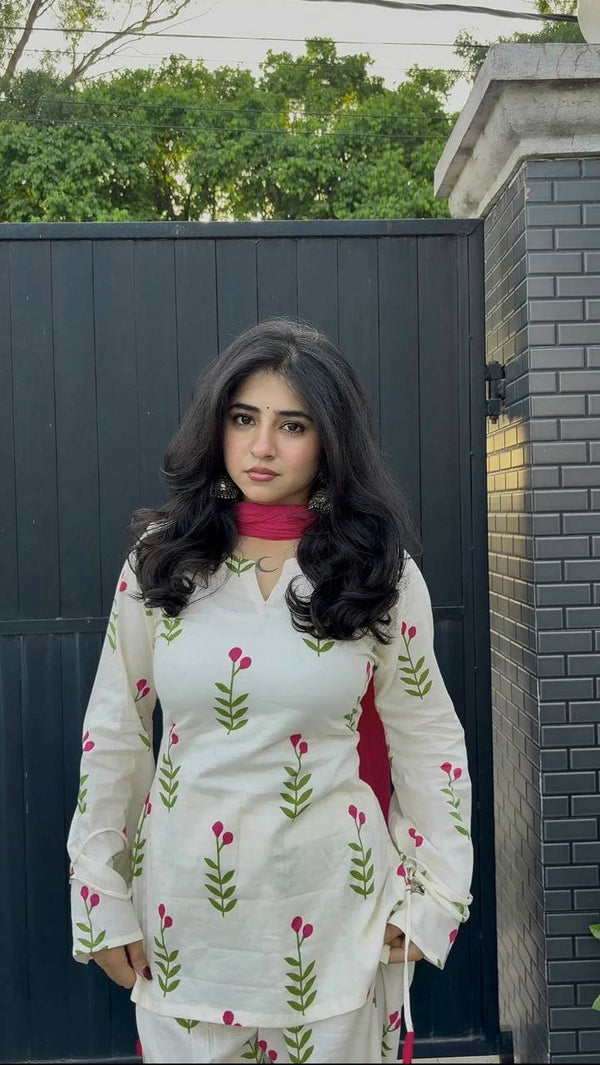 Ivory Floral Kurta Palazzo Set with Olive Green Dupatta