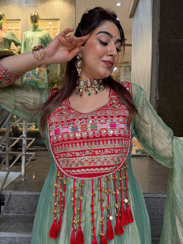 Sage Green Hand Work Anarkali Suit Set with Dupatta