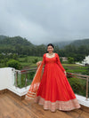 Red Designer Anarkali Suit Set with Embroidered Border & Dupatta