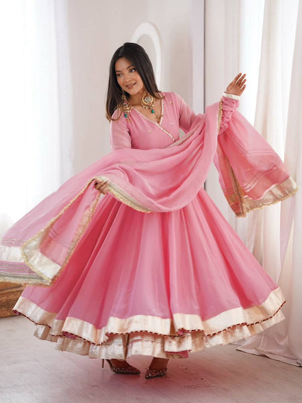 Lime Pink Flared Anarkali Suit Set with Dupatta