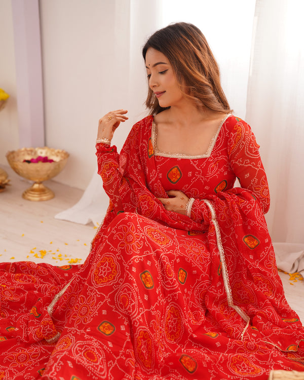Bandhej Red Soft Chiffon Forest Designer Anarkali Gown