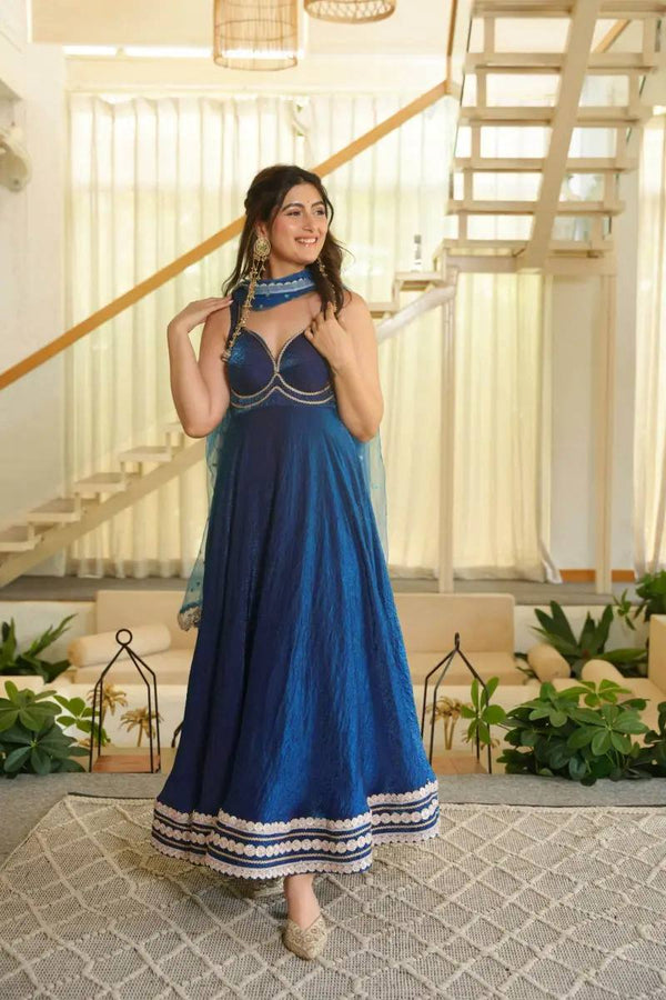 Royal Blue Embroidered Anarkali Suit Set with Dupatta