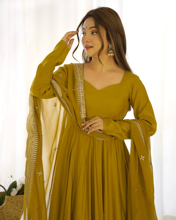 Divine Mustured Colored Heavy Roman Silk Chanderi Anarkali Gown