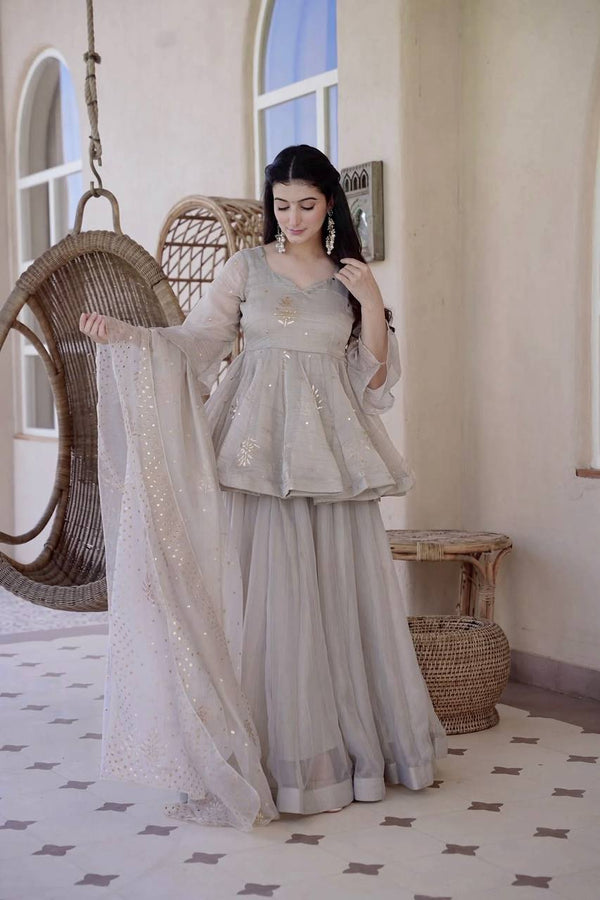 Pearl Grey Designer Sharara Suit Set with Dupatta